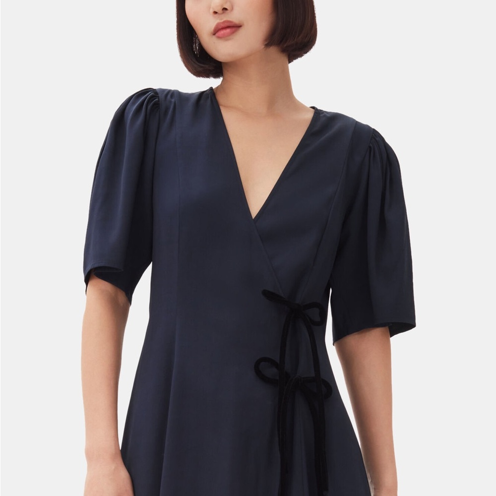 Ganni Sky Captain Navy Blue Viscose Twill Wrap Midi Dress